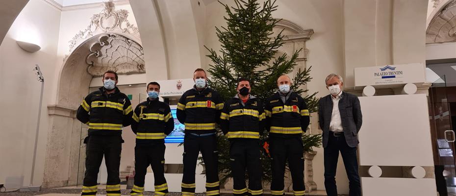 Un grande albero di Natale innalzato a palazzo Trentini dai vigili del fuoco volontari di Borgo 